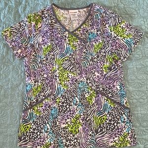 Womens scrub top, colorful abstract safari print. Size S